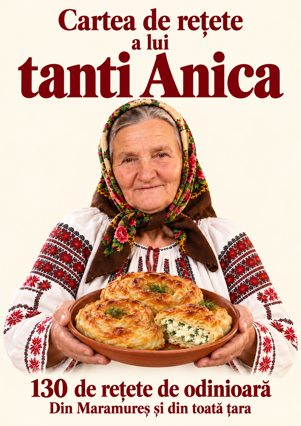 Cartea de rețete a lui tanti Anica, coperta crem cu plăcinte crețe